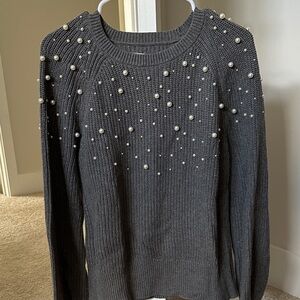 LOFT Charcoal Pearl-Studded Sweater